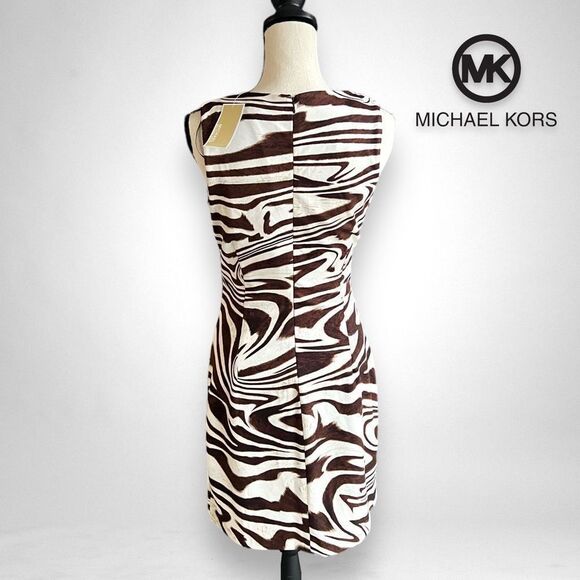 NWT Michael Kors Women’s Sleeveless Brown & Cream Zebra Print Zip Dress - Picture 8 of 17